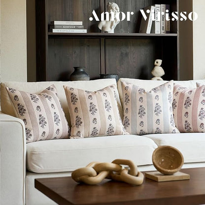 Amor Virisso Floral Throw Pillow Covers 18x18 Set of 2 Block Print Pillow Covers Neutral Floral Striped Farmhouse Decorative Pillow Covers for Sofa Couch Bed, Light Blue