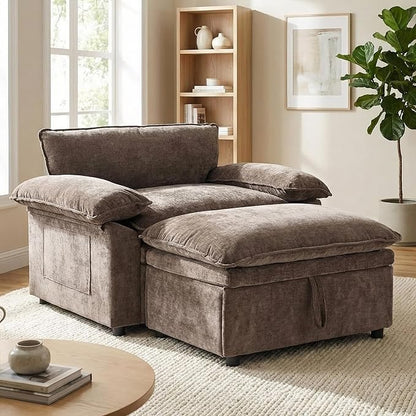 Furnimart Super Plush Cloud Chair with Storage Ottoman, Oversized Chaise Lounge Chair, Thick Chenille Cushions, Pillow Armrest & Storage, for Living Room, Bedroom, Modern Comfort(Brown)