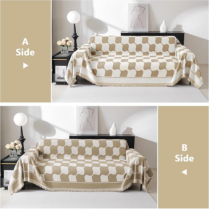 MEETSKY Oversized Sofa Cover Couch Cover for Sectional Sofa, Modern Jacquard Sofa Slipcover Loveseat Futon Cover, Pet Couch Cover Washable Couch Protector, Khaki Checkerboard