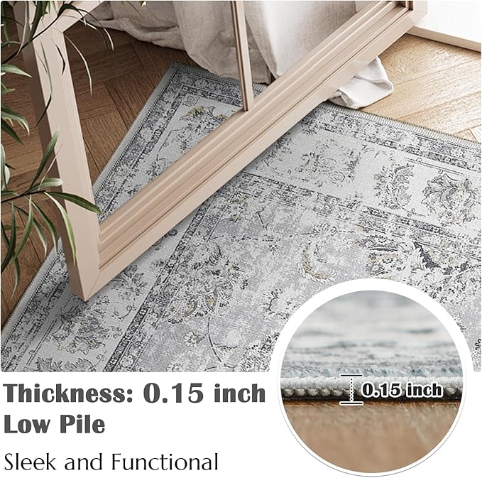 jinchan Fiora Hallway Runner Rug 2x10 Machine Washable Runner Rug Grey Vintage Floral Design Non-Slip Ultra-Thin for Kitchen Laundry Room Bedroom Farmhouse (2‘x10', Grey)
