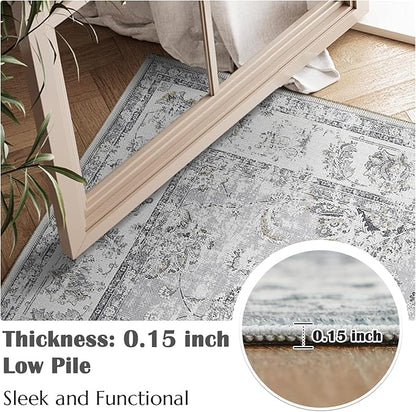 jinchan Fiora Long Hallway Runner Rug 2x12 Machine Washable Runner Rug Grey Vintage Floral Design Non-Slip Ultra-Thin for Kitchen Laundry Room Bedroom Farmhouse (2‘x12', Grey)