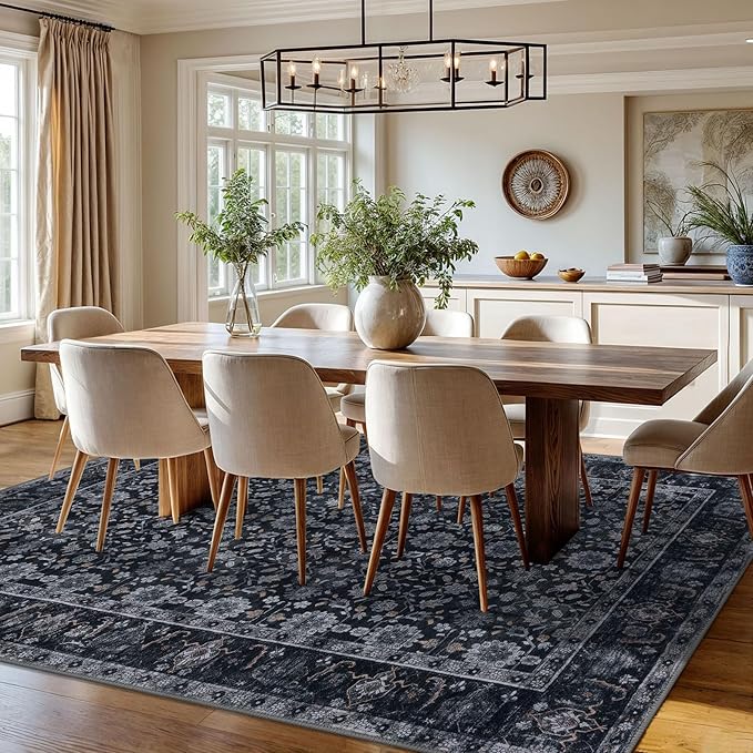 KUTA Vintage 8x10 Area Rugs for Living Room, Washable Large Rug for Bedroom 8ft x 10ft Non-Slip, Black Grey Orange Ultra Thin Soft Printed Traditional Floral Distressed Dining Room Low-Pile Carpet