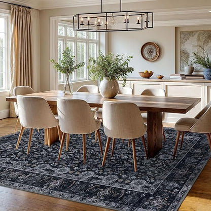KUTA Vintage 8x10 Area Rugs for Living Room, Washable Large Rug for Bedroom 8ft x 10ft Non-Slip, Black Grey Orange Ultra Thin Soft Printed Traditional Floral Distressed Dining Room Low-Pile Carpet