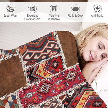 Southwest Aztec Throw Blanket, Native Bohemian Retro Patchwork Traditional Geometric Soft Flannel Blanket Warm Blankets for All Seasons, Bed Couch Sofa 50"x60"
