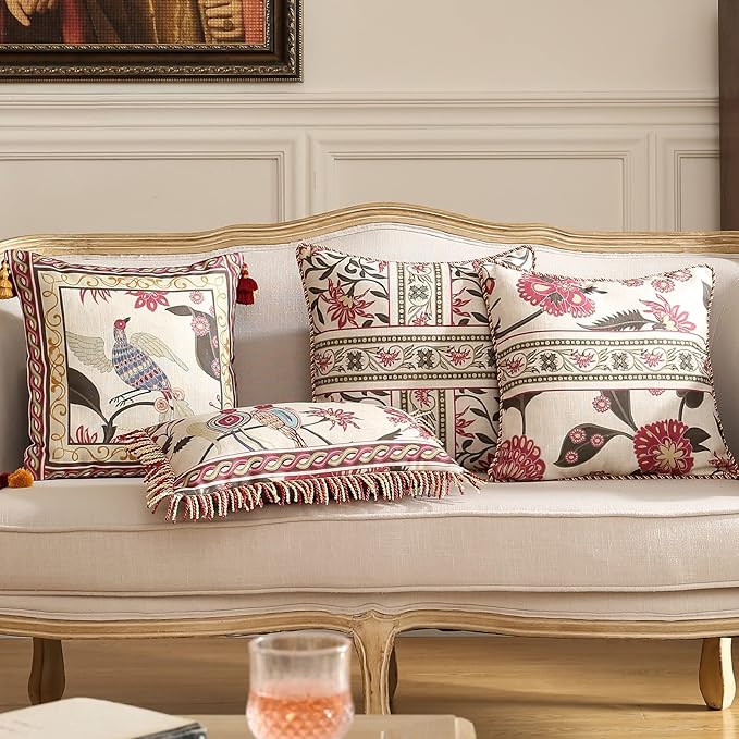 patdrea Designer Throw Pillow Covers 12"x20",Vintage Flowers and Bird Pattern Linen Pillowcases with Tassel Edges Pillows Cover for Couch,Decorative Lumbar Cushion for Living Room Outdoor,Set of 2