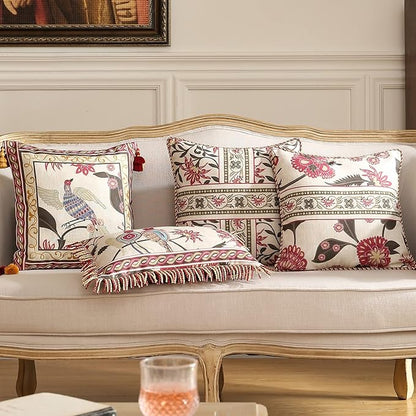 patdrea Designer Throw Pillow Cover 18"x18",Vintage Bird and Floral Pattern Linen Pillows Cover with Red and Yellow Pendant Charms,Square Decorative Pillowcases for Living Room Outdoor,Set of 2