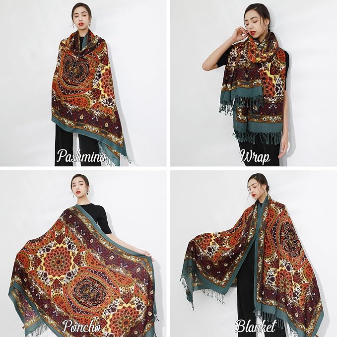 DANA XU 100% Merino Wool Pashmina Shawl for Women 96"x43", Oversized Cashmere Wrap with Tassels, Floral Travel Blanket Cape