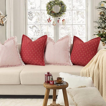 ZWJD Throw Pillow Covers 12x20 Set of 2 Striped Pillow Covers with Fringe Chic Cotton Decorative Pillows Square Cushion Covers for Sofa Couch Bed Living Room Farmhouse Decor