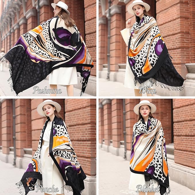 DANA XU 100% Merino Wool Pashmina Shawl for Women 96"x43", Oversized Cashmere Wrap with Tassels, Floral Travel Blanket Cape