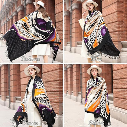 DANA XU 100% Merino Wool Pashmina Shawl for Women 96"x43", Oversized Cashmere Wrap with Tassels, Floral Travel Blanket Cape