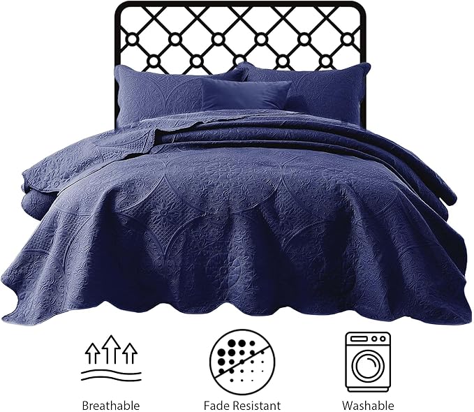 IR Imperial Rooms 8 Pack Quilt King Size Bedding (106" x 96") - Bulk Wholesale for Hotels, Guest Bedroom & Airbnbs - Lightweight Microfiber Reversible Floral Embossed Quilts Bedspreads (Navy)