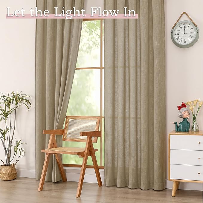 Simplebrand Taupe Faux Linen Textured Curtains 63 Inch Length 2 Panels for Bedroom, Semi Sheer Light Filtering Privacy Farmhouse Curtains, Soft Thick Rod Pocket Window Drapes, 40W x 63L Inch