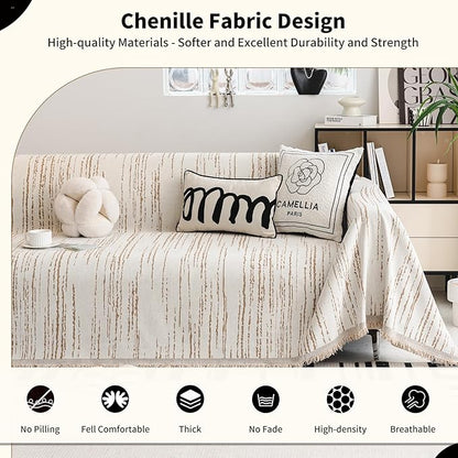 Chenille Couch Cover Pet Friendly, Sofa Cover Washable, Reversible Sofa Slipcover for Sectional Sofa, Loveseat, 2 or 3 Cushion Couch, Corner Sofa, Futon Cover (71" X 102", Khaki)