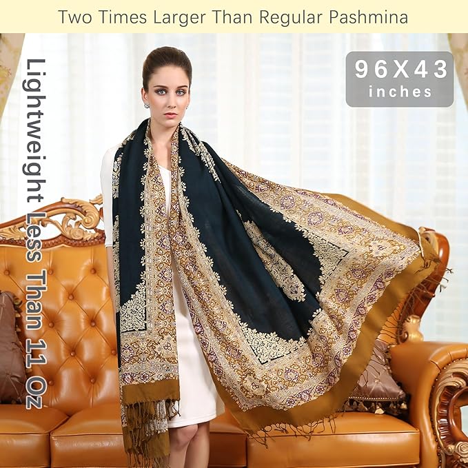 DANA XU 100% Merino Wool Extra Large Pashmina Blanket Travel Scarf Cashmere Wrap for Women Fall Winter Oversize Shawl Floral