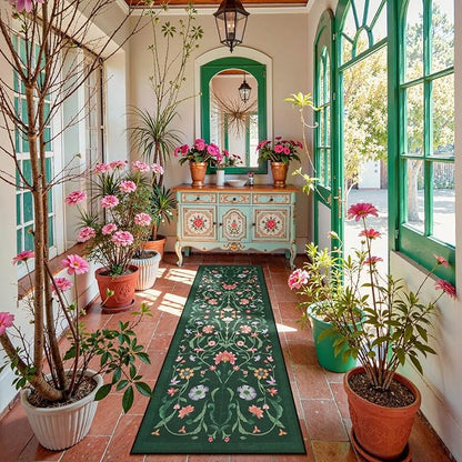 LIVEBOX Kitchen Runner Rug - Boho Floral 2x6 Runners for Hallways, Non-Slip Washable Rug, Soft Low-Pile Carpet Runner for Entryway Hallway Bedroom Laundry Room Farmhouse(2x6 ft, Green)