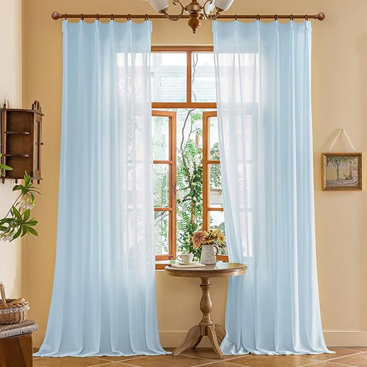 MAIHER 102 Inches Long Pinch Pleated Curtains Light Blue for Sliding Door Soft Touch Lightweight Light Filtering Sheer Pleated Drapes with Ajustable Hooks, Sky Blue, 42" W x 102" L, 2 Panels