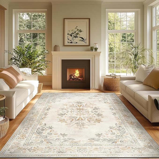 jinchan Vintage Floral 8x10 Area Rugs for Living Room - Machine Washable Distressed Design Soft Throw Rug Thin Non-Slip Large Carpet for Bedroom Nursery Dining Room Home Office (8x10ft,Light Grey)