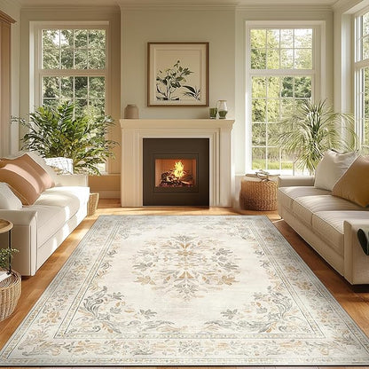 jinchan Vintage Floral 8x10 Area Rugs for Living Room - Machine Washable Distressed Design Soft Throw Rug Thin Non-Slip Large Carpet for Bedroom Nursery Dining Room Home Office (8x10ft,Light Grey)