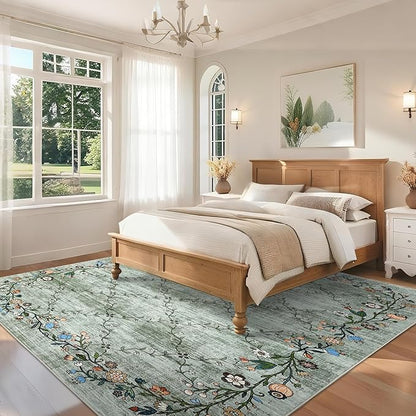 GarveeHome 8x10 Washable Floral Area Rugs for Living Room: Modern Floral Non Slip Large Area Rugs for Bedroom, Large Machine Washable Living Room Low Pile Carpet with Non-Slip Backing Green 8'x10'.