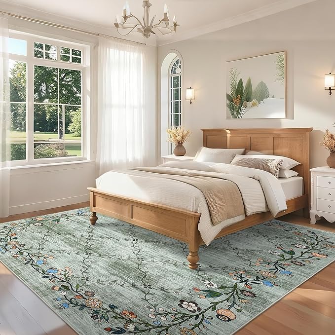 Garveehome 5x7 Washable Floral Area Rugs for Living Room: Modern Floral Non Slip Large Area Rugs for Bedroom, Large Machine Washable Living Room Low Pile Carpet with Non-Slip Backing Green 5 ft x7 ft.