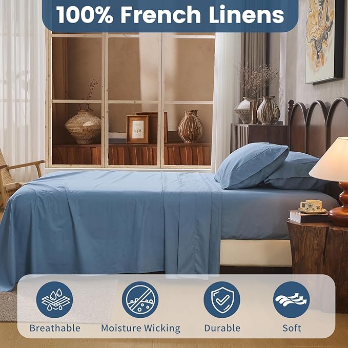 100% Linen Sheets Queen Size,Breathable & Durable 4-Piece Bed Flax Sheet Set,Soft All-Season Bedding for Hot Sleepers 16" Deep Pocket Oeko-TEX Certified,（Queen, Dusty Blue）