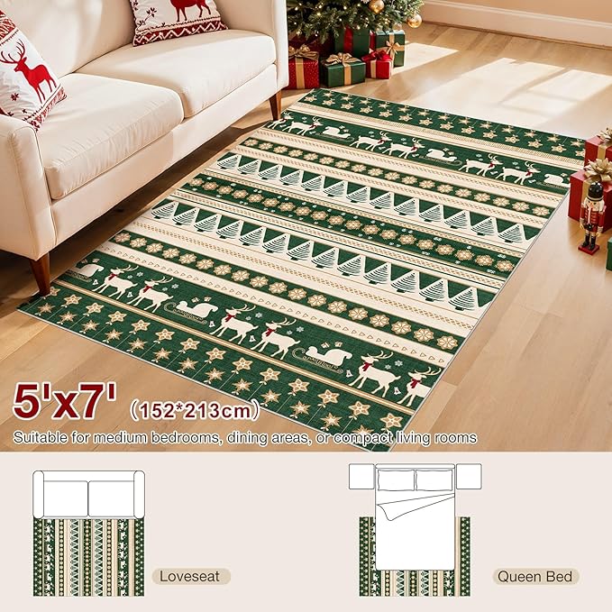 Abstract Living Room Rug 5X7 - Modern Washable Christmas Soft Thin Area Rug for Living Room Bedroom Under Dining Table - Neutral Indoor Floor Rug Carpets for Home Office Playroom Nursery - Green Gold