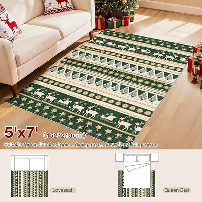 Abstract Living Room Rug 5X7 - Modern Washable Christmas Soft Thin Area Rug for Living Room Bedroom Under Dining Table - Neutral Indoor Floor Rug Carpets for Home Office Playroom Nursery - Green Gold