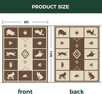 FXW Camping Rug, 8' x 10' Large Waterproof Portable RV Mat, Easy-to-Clean Straw Plastic Mat for Outdoor, Patio, Backyard, Deck, Picnic, Beach, Trailer, Brown & Beige