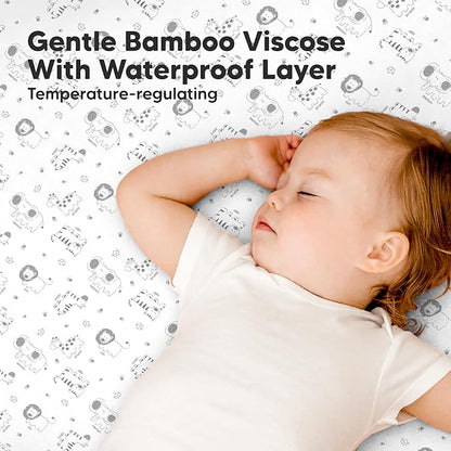 2-Pack Waterproof Pack and Play Sheets, Mini Crib Sheets Fitted for Boy, Girl - 38 x 26 Viscose from Bamboo Pack N Play Mattress Sheets for Graco, Toddler Playard Baby Crib Sheets Neutral (KeaSafari)
