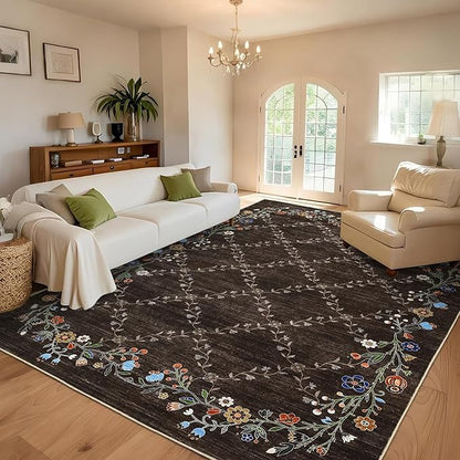GarveeHome 8x10 Washable Floral Area Rugs for Living Room: Modern Floral Non Slip Large Area Rugs for Bedroom, Large Machine Washable Living Room Low Pile Carpet with Non-Slip Backing Brown 8'x10'.