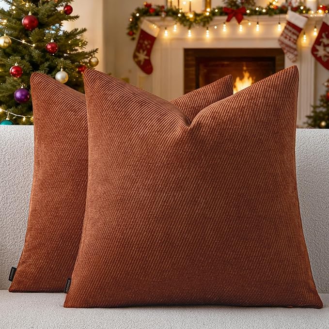 a moment Pack of 2 Decorative Christmas Chenille Throw Pillow Covers with Twill Cushion Covers for Sofa Living Room Couch Bed 20x20 Inch Rust