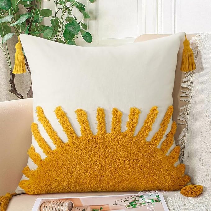 Adabana Boho Throw Pillow Covers 20x20, Decorative Tufted Pillows Cover for Couch Bed, Sun Sunshine Pillow Cover for Kids