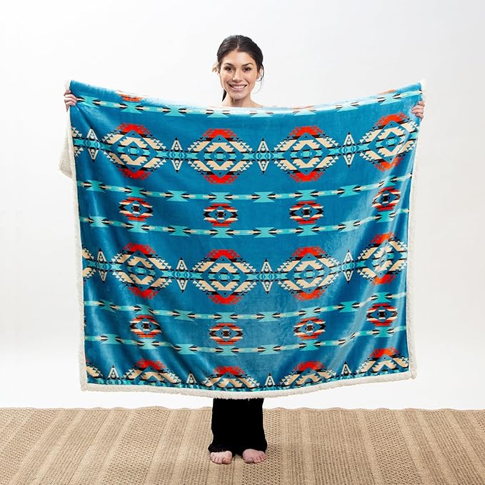 CARSTENS, INC. Ultra Premium Super Soft Plush Sherpa Fleece Oversized Throw Blanket 54" x 68", Turquoise Southwest