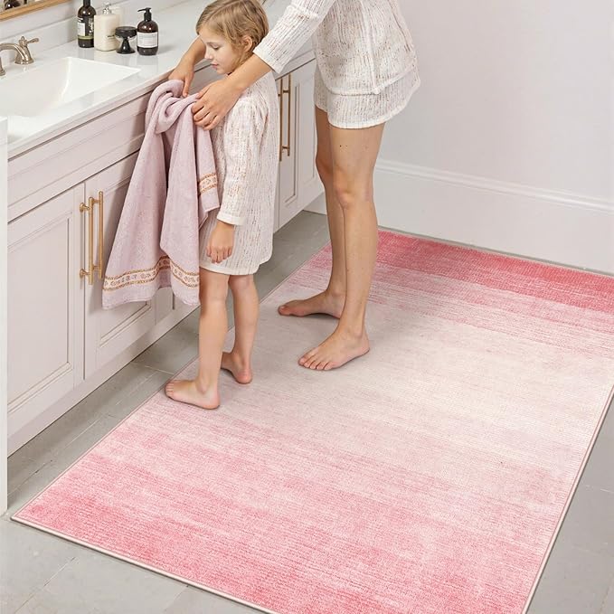 Wonnitar Washable 3x5 Area Rug, Pink Rugs for Bedroom Girls, Contemporary Ombre Nursery Soft Kids Room Rug, Modern Non-Skid Faux Wool Indoor Carpet for Bathroom Dorm Bedside (Pink,3'x5')