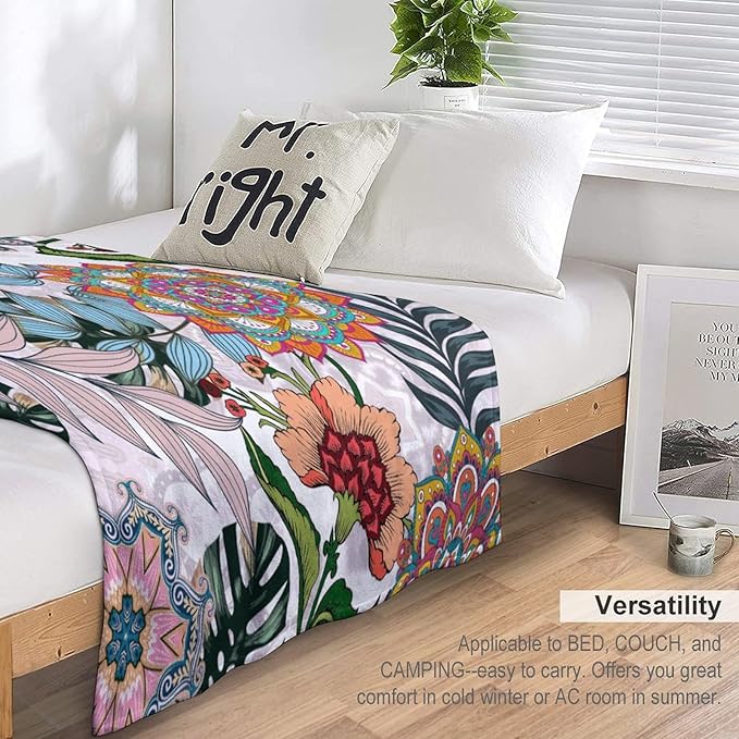 Boho Flowers Blanket for Women Girls, Rustic Bohemian Mandala Palm Leaves Plants Botanical Print Blanket for Bedroom Living Room Couch Sofa, 30"x40"