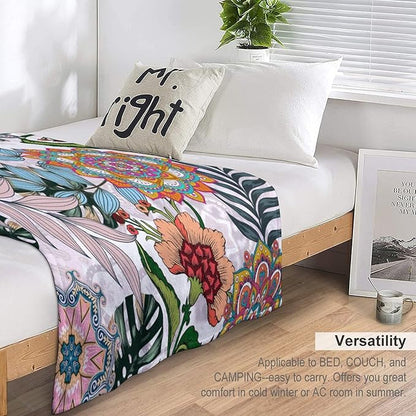 Boho Flowers Blanket for Women Girls, Rustic Bohemian Mandala Palm Leaves Plants Botanical Print Blanket for Bedroom Living Room Couch Sofa, 30"x40"