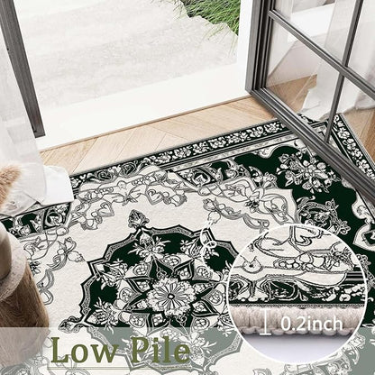 5x7 Traditional Oriental Area Rug Black White Dark Green Rug Non Slip Low Pile Large Carpet for Home Kitchen Living Room Bedroom Dining Room Office