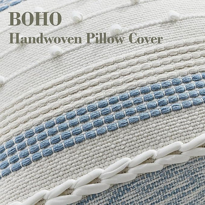 Boho Pillow Cover 18x18 Coastal Blue - Handmade Woven Textured Throw Pillow Case with Cordings & Tassels, Decorative Accent for Couch Sofa Farmhouse Living Room Home Decor