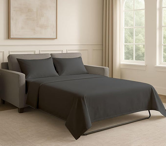 Sleeper Sofa Bed Sheet Set - Queen Size 4 PC's Sheet Set Sofa Bed Sheets - 100% Cotton 400 Thread Count Sofa Sheets - Sleeper Sofa Sheets - Fits Mattresses Up to 6" Drop - Dark Grey