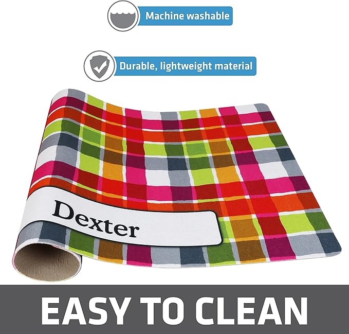 Drymate Personalized Pet Bowl Placemat, Custom Dog & Cat Food Feeding Mat - Absorbent Fabric, Waterproof Backing - Machine Washable/Durable (USA Made) (12" x 20") (Pink Plaid)