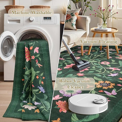 LIVEBOX Kitchen Runner Rug - Boho Floral 2x6 Runners for Hallways, Non-Slip Washable Rug, Soft Low-Pile Carpet Runner for Entryway Hallway Bedroom Laundry Room Farmhouse(2x6 ft, Green)