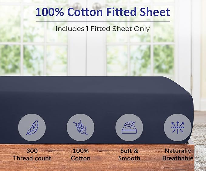 ROYALE LINENS 300 Thread Count 100% Long Staple Combed Cotton Fitted Sheet King - Super Soft Deep Pocket Bottom Sheet - Fitted Sheets Only - Elastic Sheets (King, Navy)