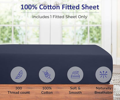 ROYALE LINENS 300 Thread Count 100% Long Staple Combed Cotton Fitted Sheet Queen - Super Soft Deep Pocket Bottom Sheet - Fitted Sheets Only - Elastic Sheets (Queen, Navy)