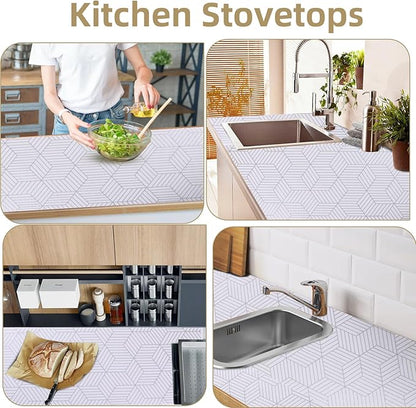 Shelf Liners for Kitchen Cabinets Non Adhesive Shelf Liner Paper Non-Slip Thickened Drawer Liner Easy to Clean for Tool Box Refrigerator with Knife and Tape Measure, Silver Geometric, 11.8 x 118 in