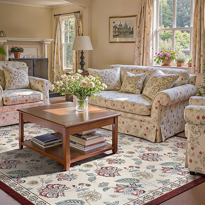 jinchan Elora 8x10 Floral Rug for Living Room Washable Bedroom Rug Vintage Romance Christmas Design Non Slip Thin Indoor Floor Cover Large Low-Profile Throw Carpet for Dining Room Office, Red/Beige