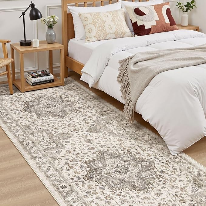 Vintage Hallway Runner Rug 3x14: Large Soft Washable Entryway for Kitchen Laundry Room Non-Slip Backing Runner for Entrance Living Room Bedroom Bathroom - Light Brown