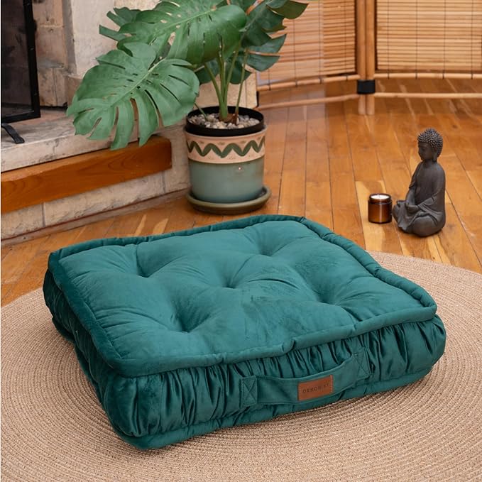 Square Large Floor Cushion, Floor Pillow Thick Floor Seating, Comfortable Supportive, Quilted Soft Booster Seat Pad for Yoga Meditation, Yoga Pillow, Cat and Dog Bed, 56 cm 22 inch Green