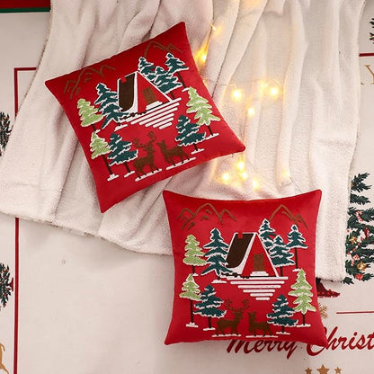 LUOYEHK Red Christmas Pillow Covers 18x18 Set of 2 House and Deer Decorative Pillow Cases Winter Holiday Velvet Embroidered Cushion Covers for Couch Sofa Bed