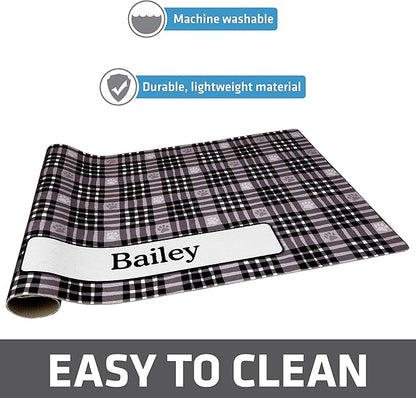Drymate Personalized Pet Bowl Placemat, Custom Dog & Cat Food Feeding Mat - Absorbent Fabric, Waterproof Backing - Machine Washable/Durable (USA Made) (16" x 28") (Black Paw Plaid)