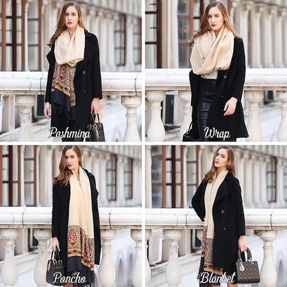 DANA XU 100% Merino Wool Extra Large Pashmina Blanket Travel Scarf Cashmere Wrap for Women Fall Winter Oversize Shawl Floral